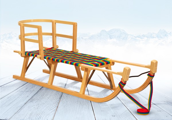 Rodelberg® Davos-Schlitten Gurtsitz Bunt 125 cm, Zuggurt, Lehne