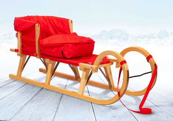 Rodelberg® Hörner-Schlitten Gurtsitz 115 cm, Zuggurt, Lehne, Fußsac...