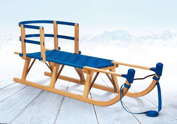 Rodelberg® Davos-Schlitten Gurtsitz Blau 125 cm, Zuggurt Blau, Lehn...