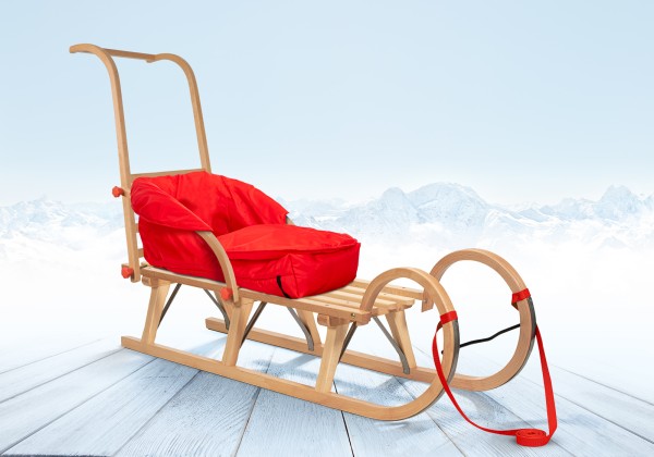 Rodelberg® Hörner-Schlitten Holz 115 cm, Zuggurt, Schieb-Lehne, Fuß...