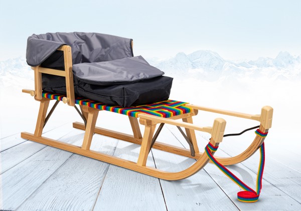 Rodelberg® Davos-Schlitten Gurtsitz Rainbow 95 cm, Zuggurt, Lehne, ...