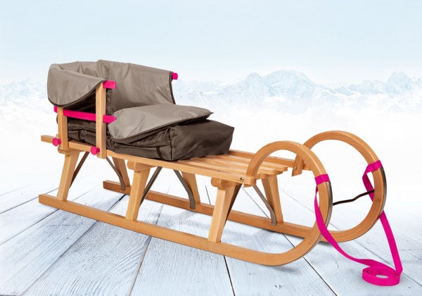 Rodelberg® Hörner-Schlitten Holz 105 cm, Zuggurt, Lehne, Fußsack Grau