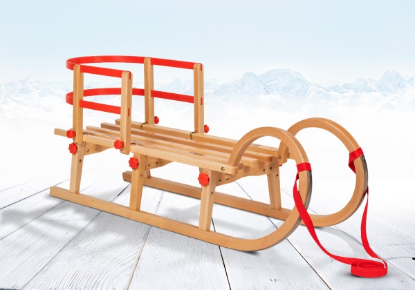 Rodelberg® Klappschlitten Tatry 95 cm, Zuggurt Rot, Lehne Rot