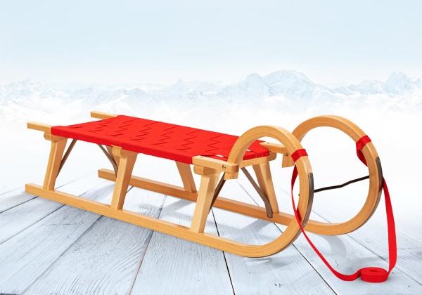 Rodelberg® Hörner-Schlitten Gurtsitz Rot 115 cm, Zuggurt Rot