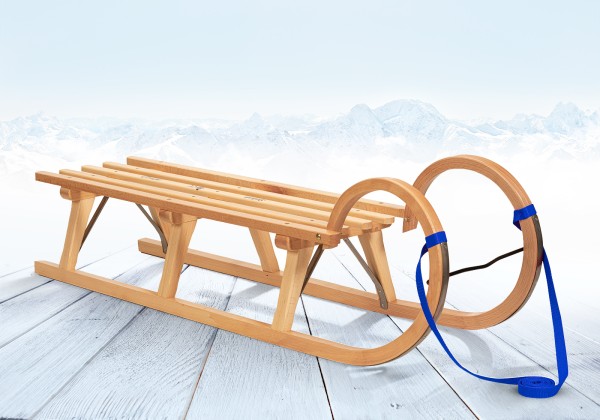 Rodelberg® Hörner-Schlitten Holz 105 cm, Zuggurt Blau