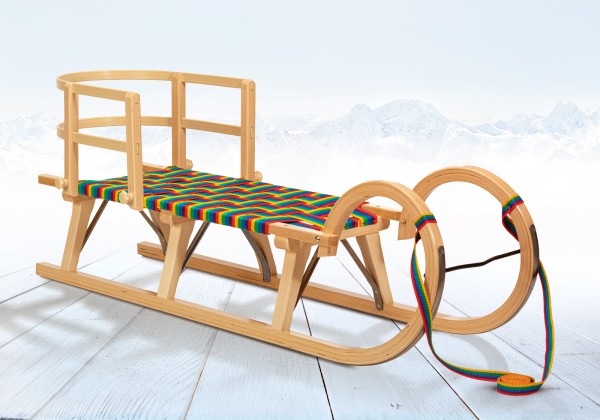 Rodelberg® Hörner-Schlitten Gurtsitz Rainbow 115 cm, Zuggurt, Lehne