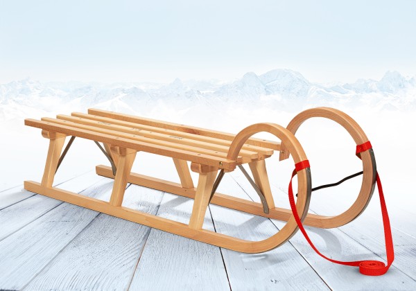 Rodelberg® Hörner-Schlitten Holz 95 cm, Zuggurt Rot