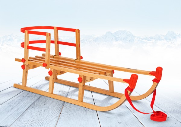 Rodelberg® Klappschlitten Yaro 95 cm, Zuggurt Rot, Lehne Rot