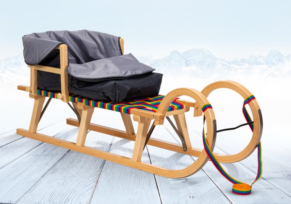 Rodelberg® Hörner-Schlitten Gurtsitz Rainbow 125 cm, Zuggurt, Lehne...