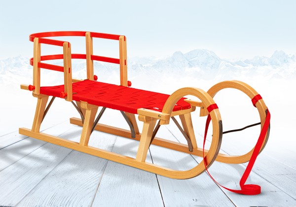 Rodelberg® Hörner-Schlitten Gurtsitz Rot 95 cm, Zuggurt, Lehne