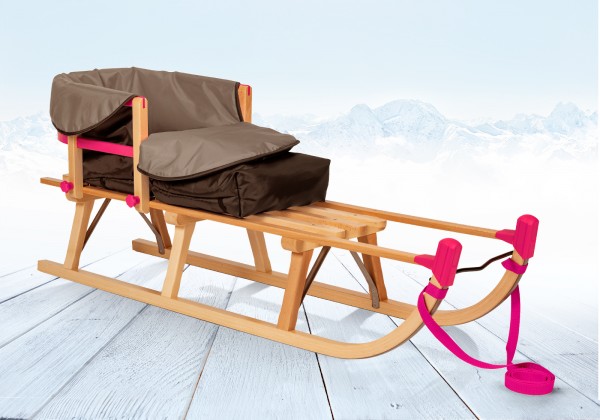 Rodelberg® Davos-Schlitten Holz 125 cm, Zuggurt, Lehne, Fußsack Grau