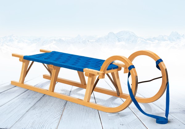 Rodelberg® Hörner-Schlitten Gurtsitz Blau 115 cm, Zuggurt Blau