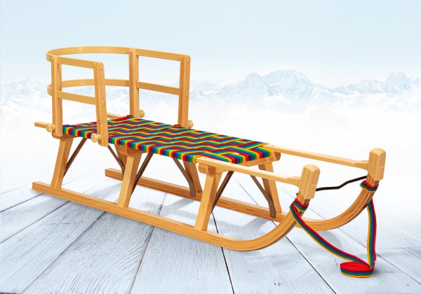 Rodelberg® Davos-Schlitten Gurtsitz Rainbow 105 cm, Zuggurt, Lehne