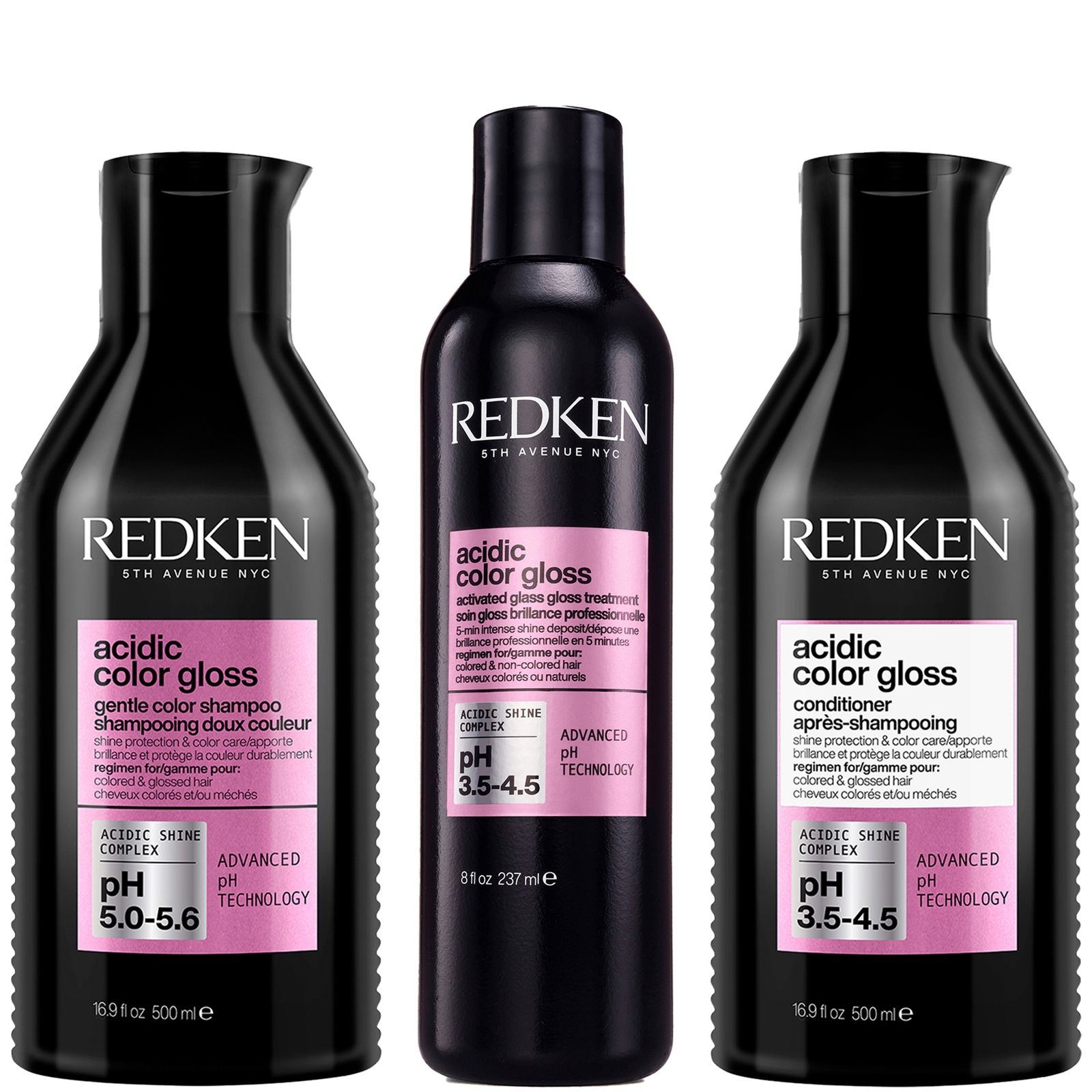 Redken Acidic Color Gloss Sulphate-Free Shampoo 500ml, Activated Glass Gloss Treatment 237ml and Conditioner 500ml Bundle