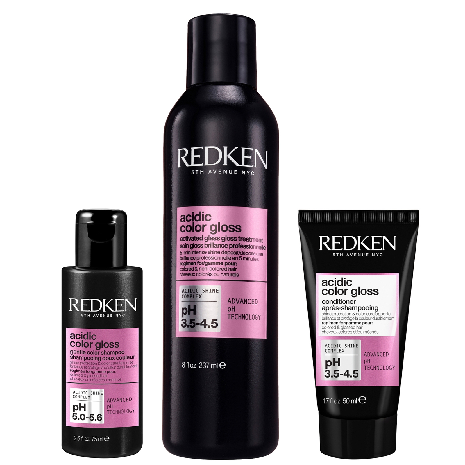 Redken Acidic Color Gloss Shampoo Mini 75ml, Activated Glass Gloss Treatment 237ml and Conditioner Mini 50ml