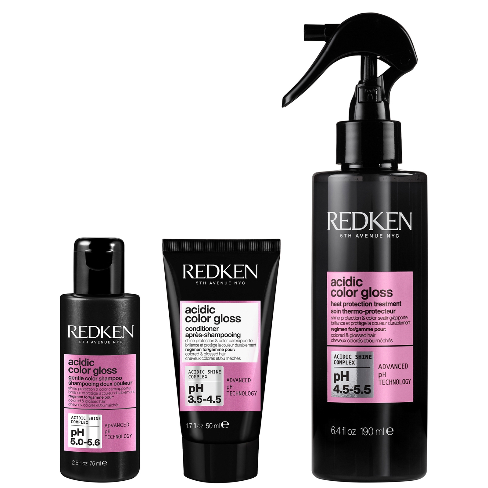 Redken Acidic Color Gloss Shampoo Mini 75ml, Conditioner Mini 50ml and Heat Protection Treatment 190ml