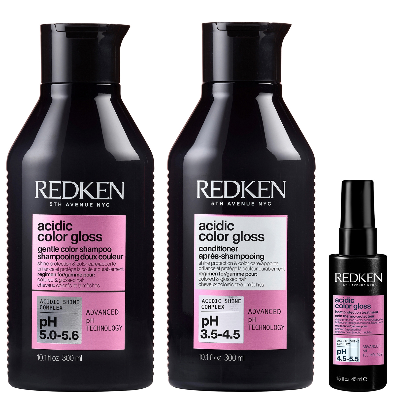 Redken Acidic Color Gloss Shampoo 300ml, Conditioner 300ml and Heat Protection Treatment 45ml, Glass-Like Shine