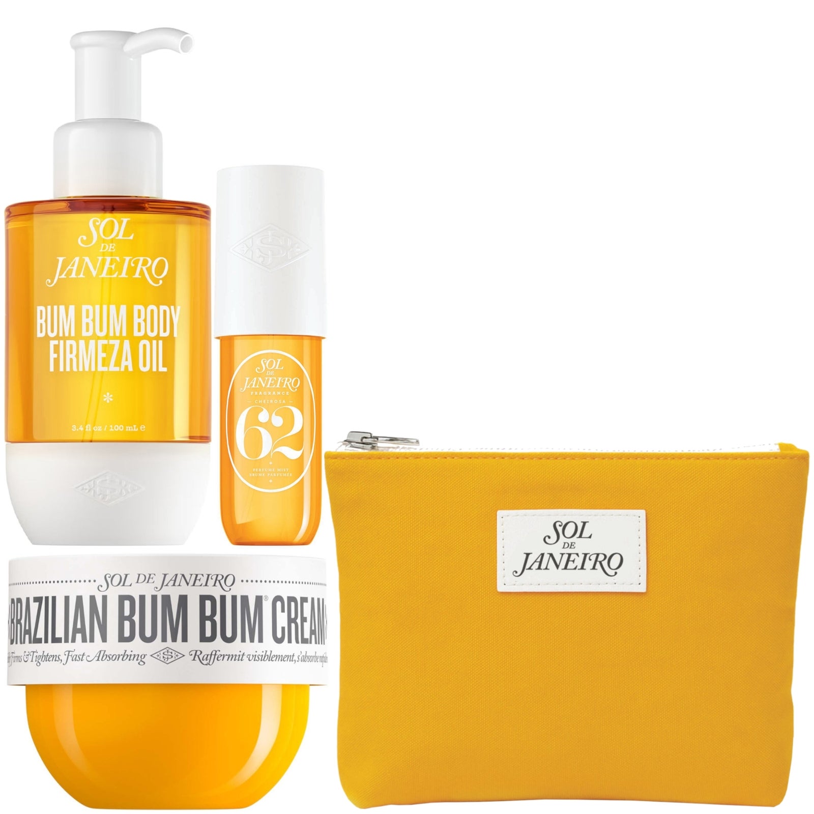 Sol de Janeiro Summer Body Icons Bundle – Bum Bum Cream 75ml, Firmeza Oil 100ml & Cheirosa 62 90ml with Canvas Bag