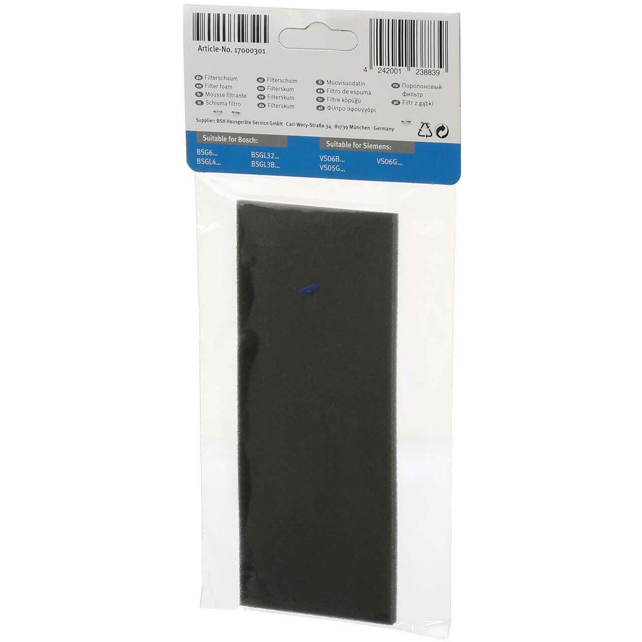 Schaumfilter BSH 17000301 170x70mm f?r Staubbeh?lter Staubsauger (BD-17000301)