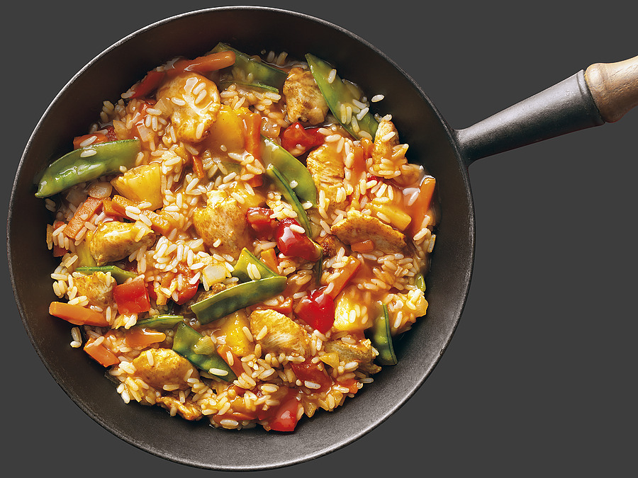Reis-Hähnchen-Pfanne 'süß-sauer'