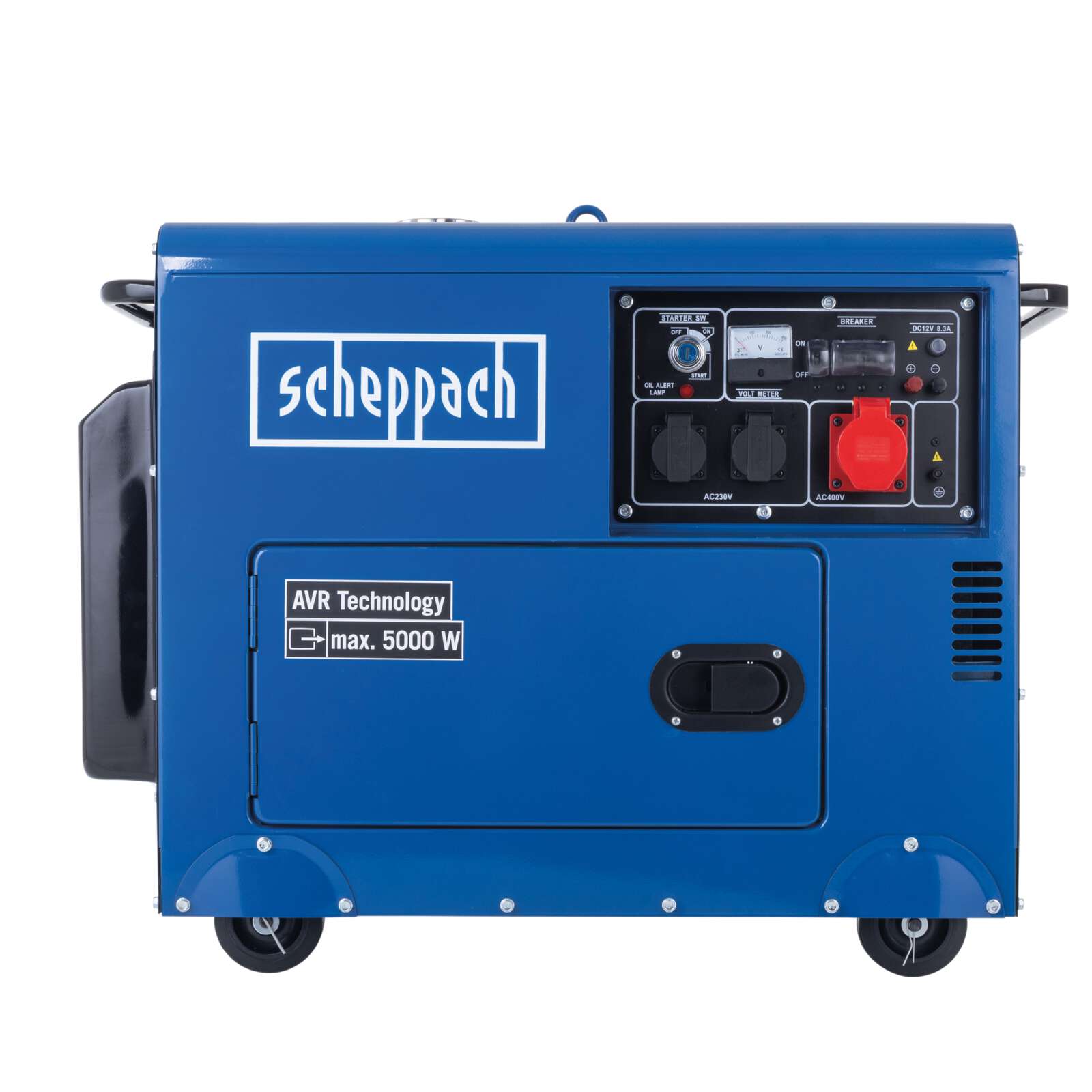 Diesel Stromerzeuger SG5200D Scheppach - 7,7PS | 5000W | Elektrostart | 2x 230V, 1x 400V Steckdose | Fahrvorrichtung, Spannungsmesser, Überlastschutz