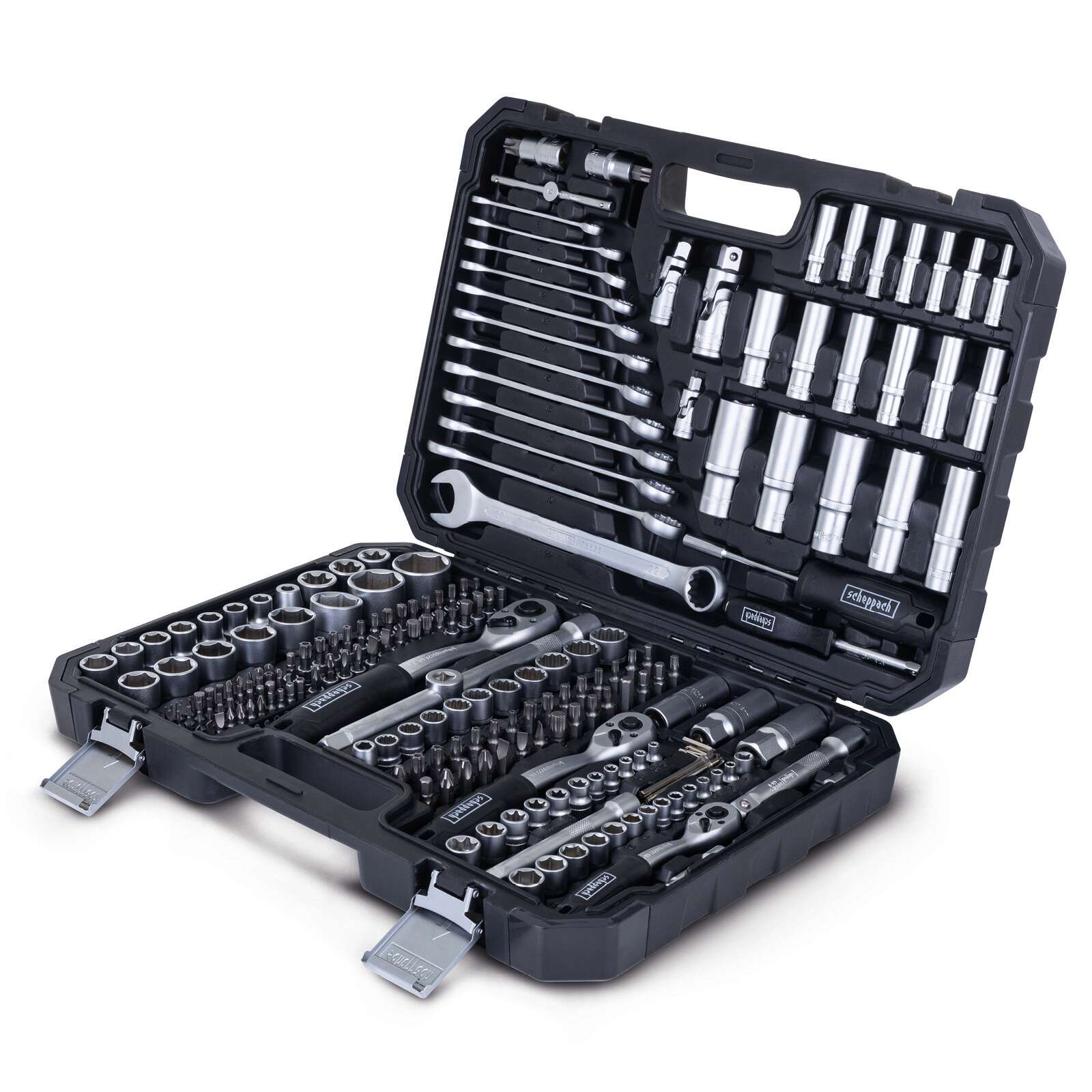 Werkzeugkoffer WZB250-BE Scheppach Black - 218-tlg Werkzeug Set | Werkzeugkiste gefüllt | Steckschlüsselsatz