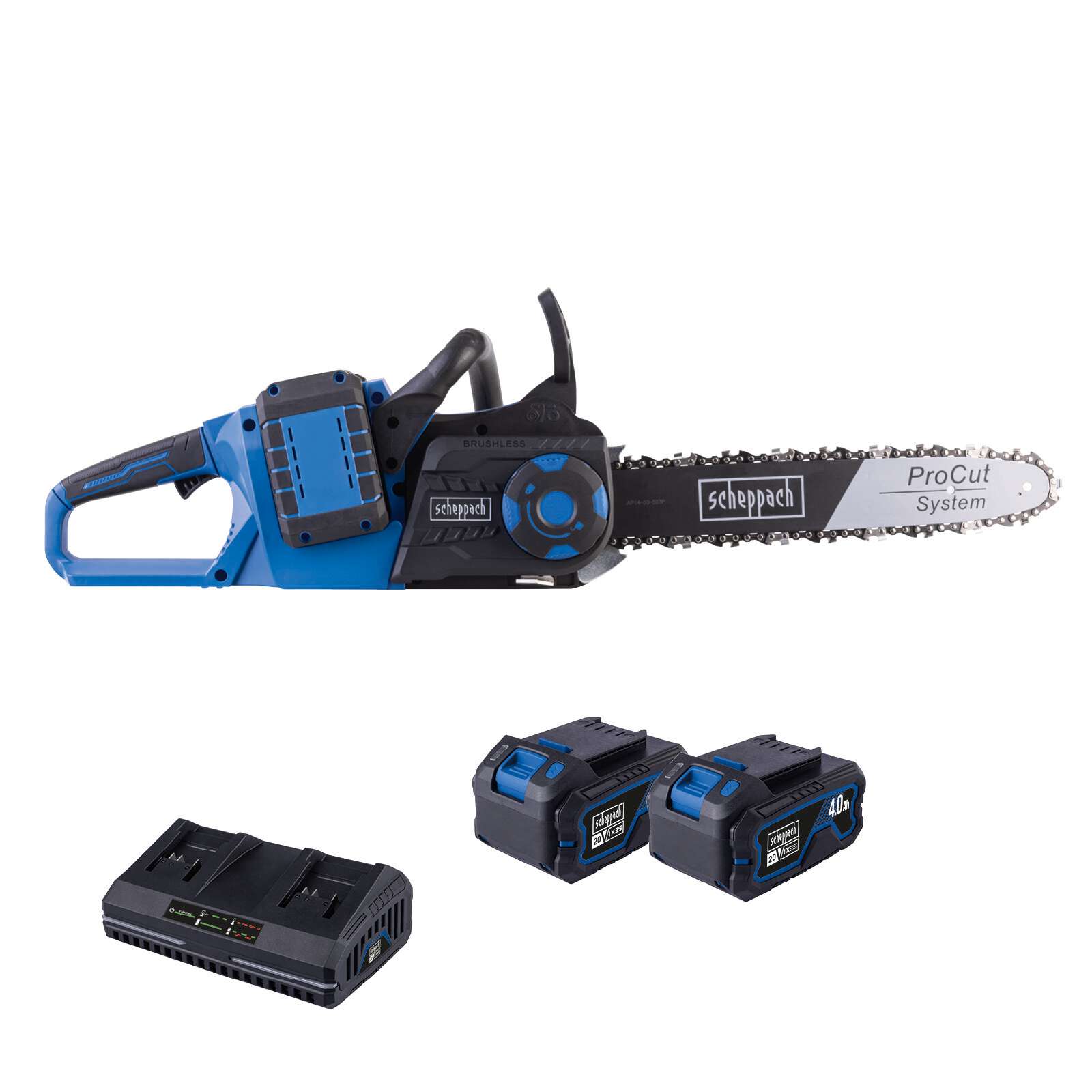 Akku-Kettensäge BC-CS355Duo-X Scheppach - 20V | 33,5cm | inkl. 2x 4Ah Akku + 4,5A Doppelladegerät