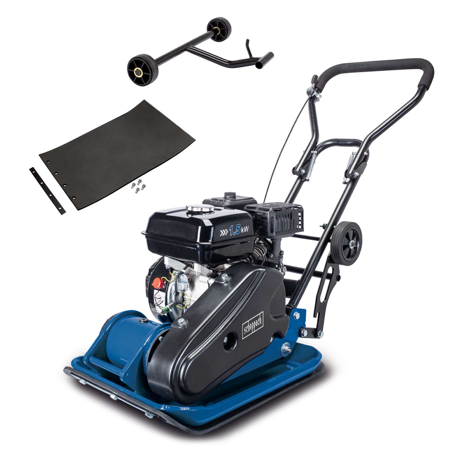 Benzin Rüttelplatte HP1400S Scheppach - 2PS | 8,2kN Verdichtungsdruck | 20cm Verdichtungstiefe | inkl. Gummimatte und Fahrvorrichtung