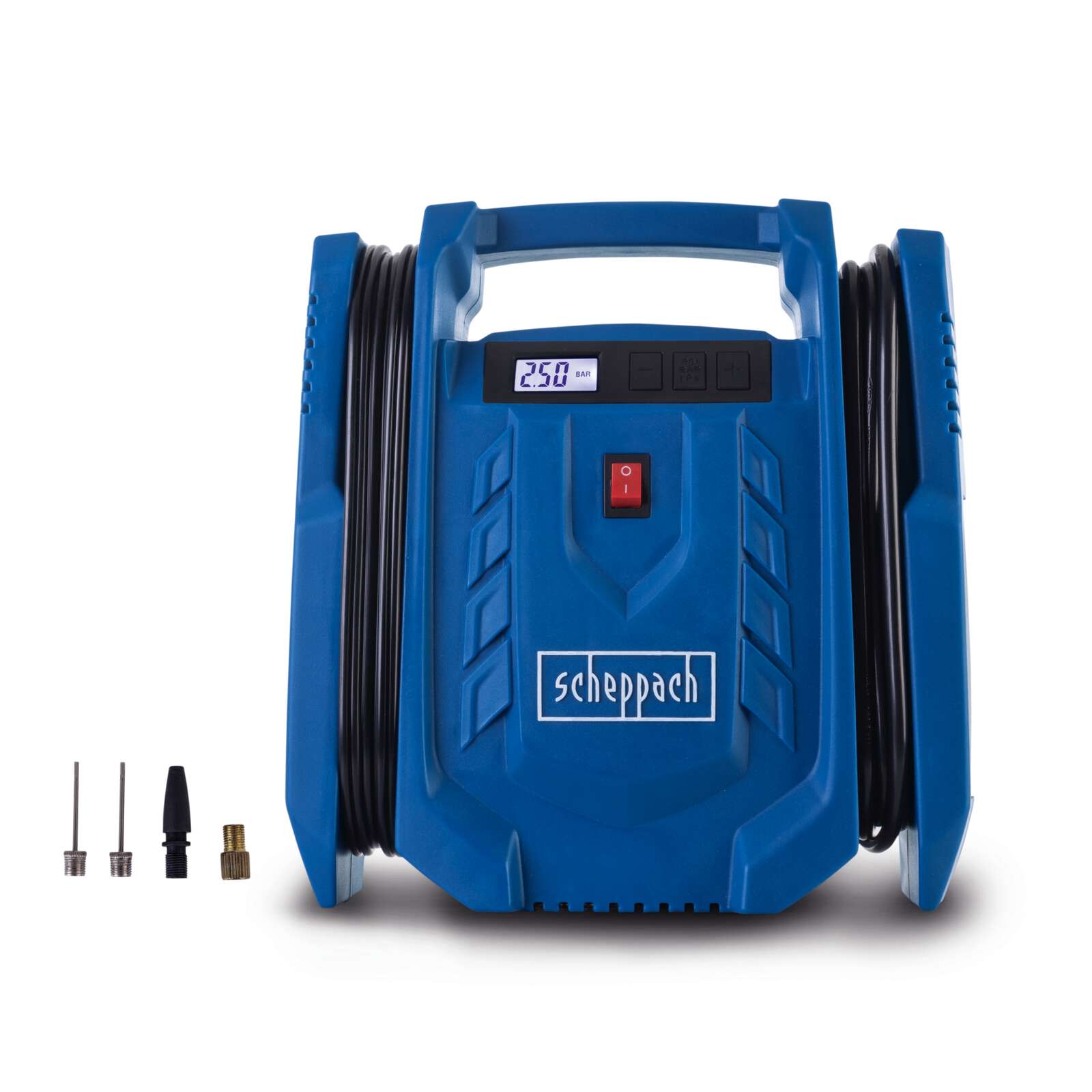 Kompressor Airforce 7 SC Scheppach - 230V & 12V Anschluss | 8 bar Arbeitsdruck | 24L/min | ölfrei & mobil | LCD Display | inkl. Reifenfüller & Adapter