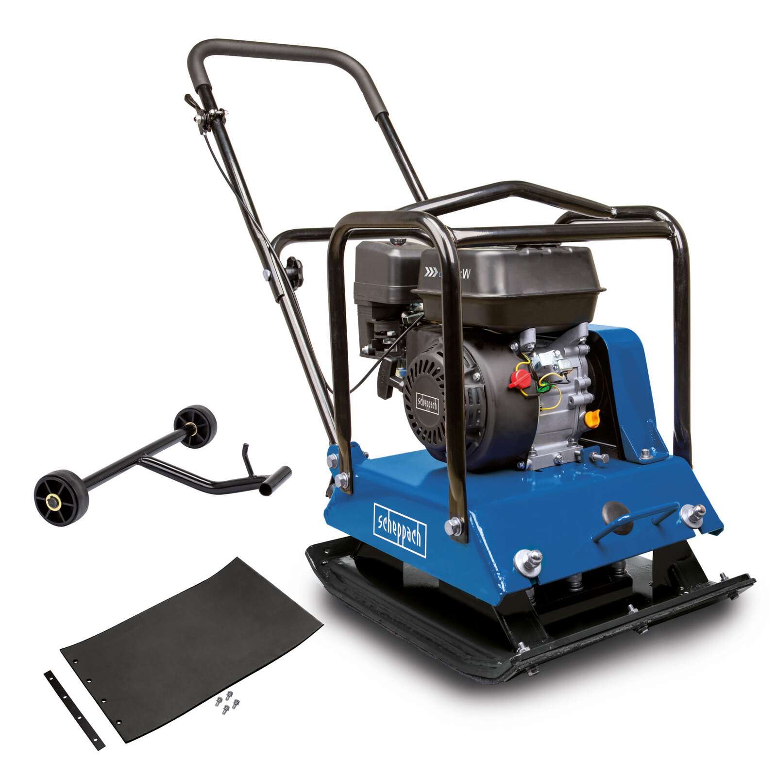Benzin Rüttelplatte HP2200S Scheppach - 6,5 PS | 25kN Verdichtungsdruck | 35cm Verdichtungtiefe | 25m/min Vorlauf | inkl. Gummimatte & Fahrvorrichtung