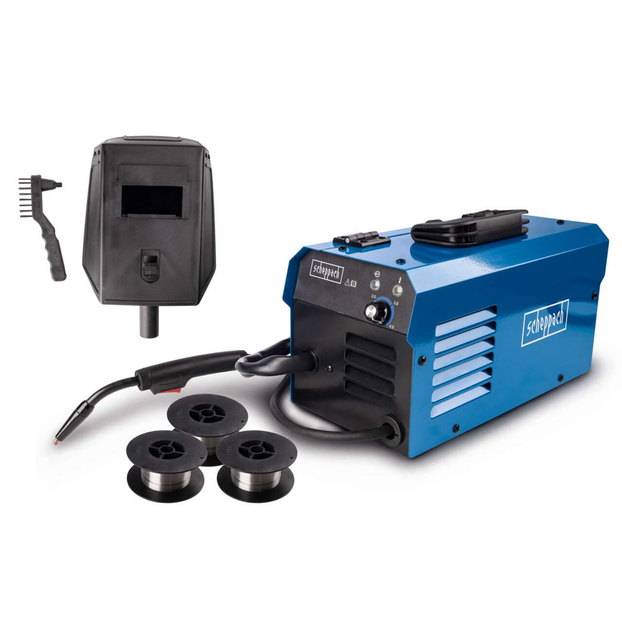 Schweißgerät WSE3500 Scheppach - 230V | Fülldraht bis 90A | inkl. 2m MIG-Schlauchpaket | inkl. 3 Spulen
