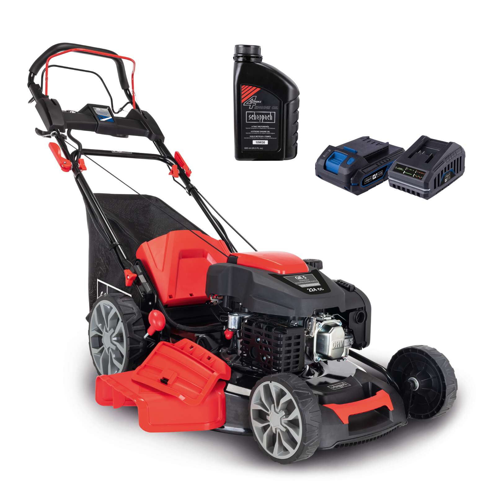 Rasenmäher MS225-56E Scheppach - E-Start | Radantrieb | 6PS | 56cm Schnittbreite | 65 Liter Fangkorb | inkl. 2Ah Akku + 2,4A Ladegerät + Motoröl