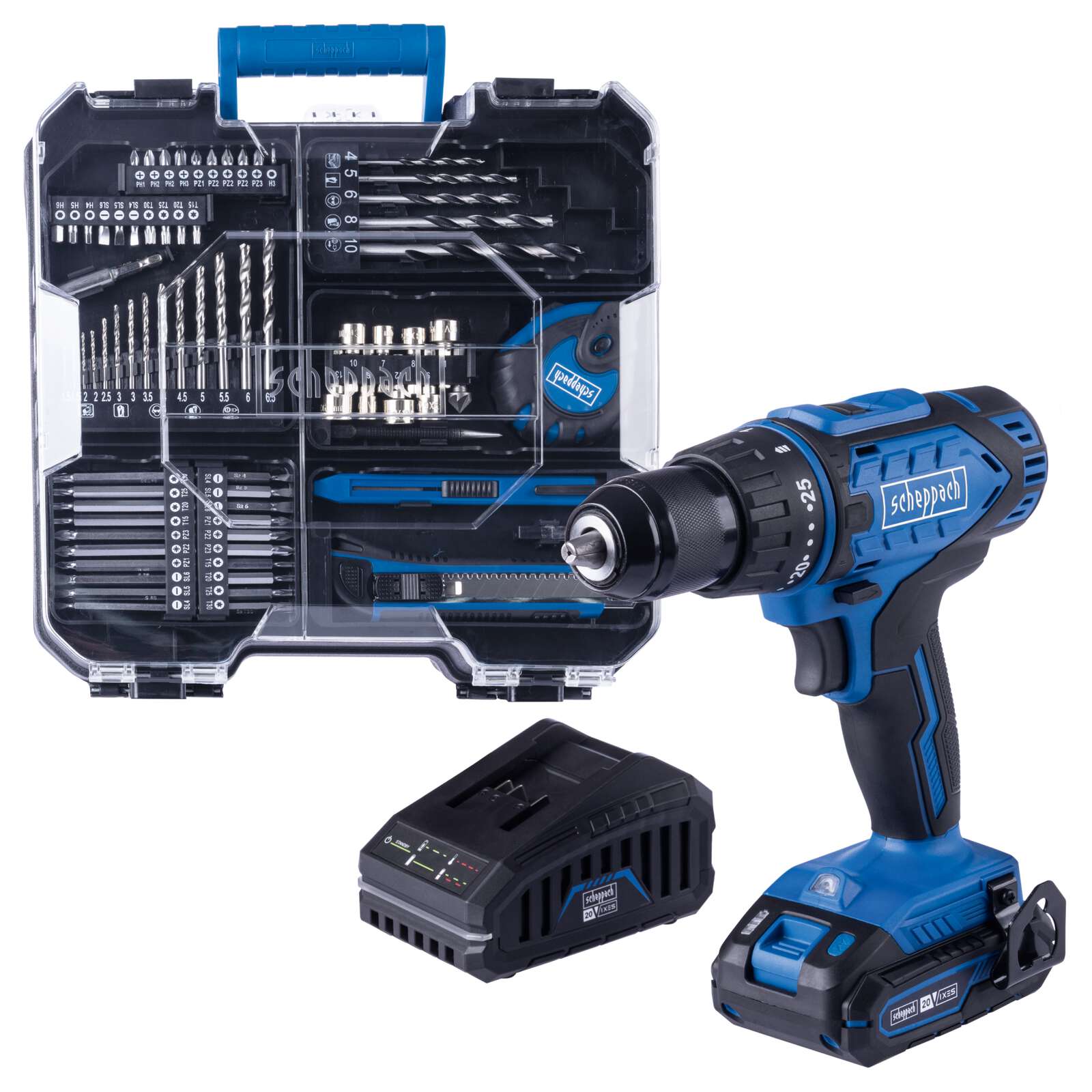Werkzeugkoffer C-DTB74/1-X Scheppach -20V | 1,5-13mm Spannbereich | 50Nm Drehmoment | ohne Schlagfunktion | inkl. 2Ah Akku + 2,4A Ladegerät
