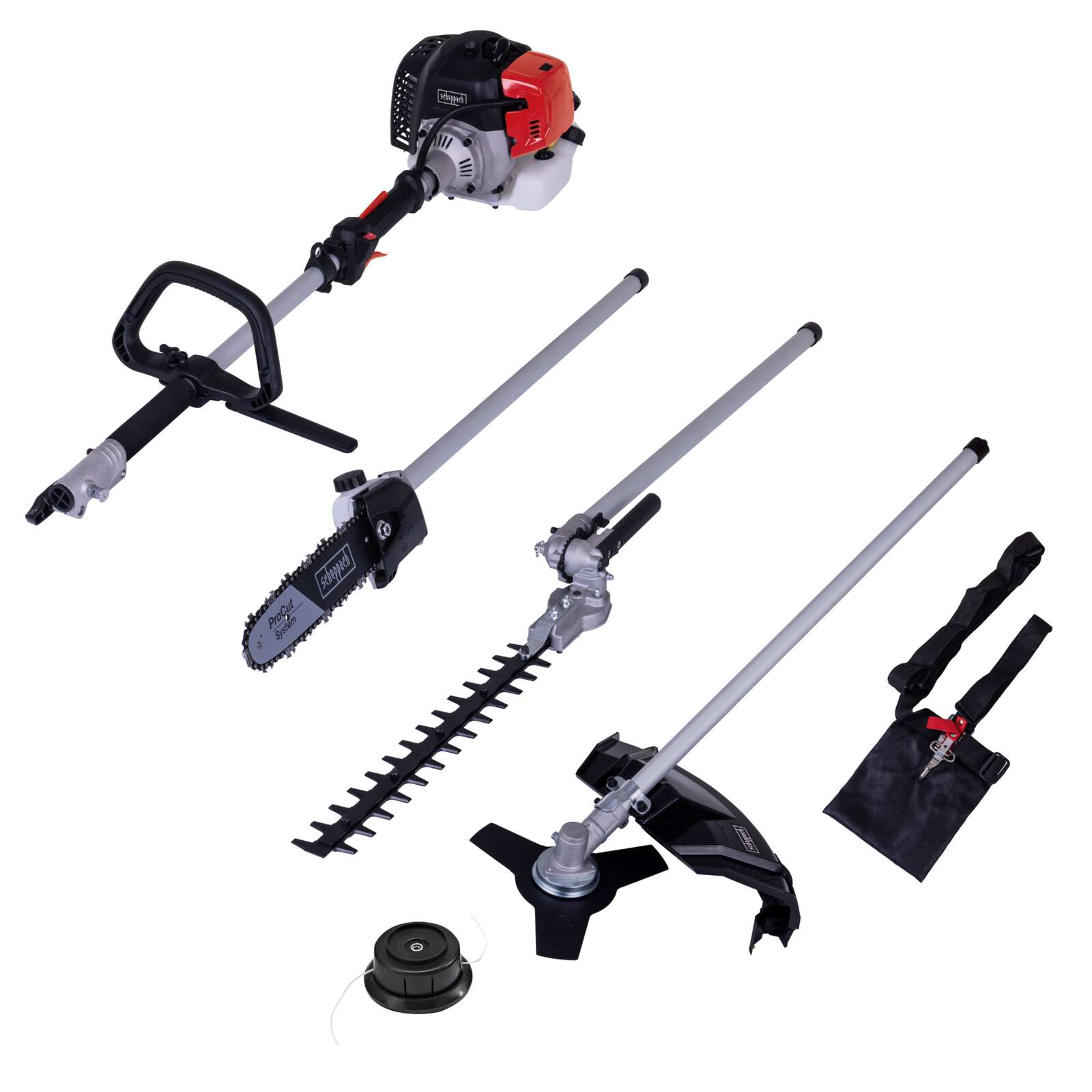 Benzin Multigartengerät MT33P Scheppach - 1,22 PS | 900W | 4in1 - Rasentrimmer | Kettensäge | Motorsense | Heckenschere | inkl. Schultergurt