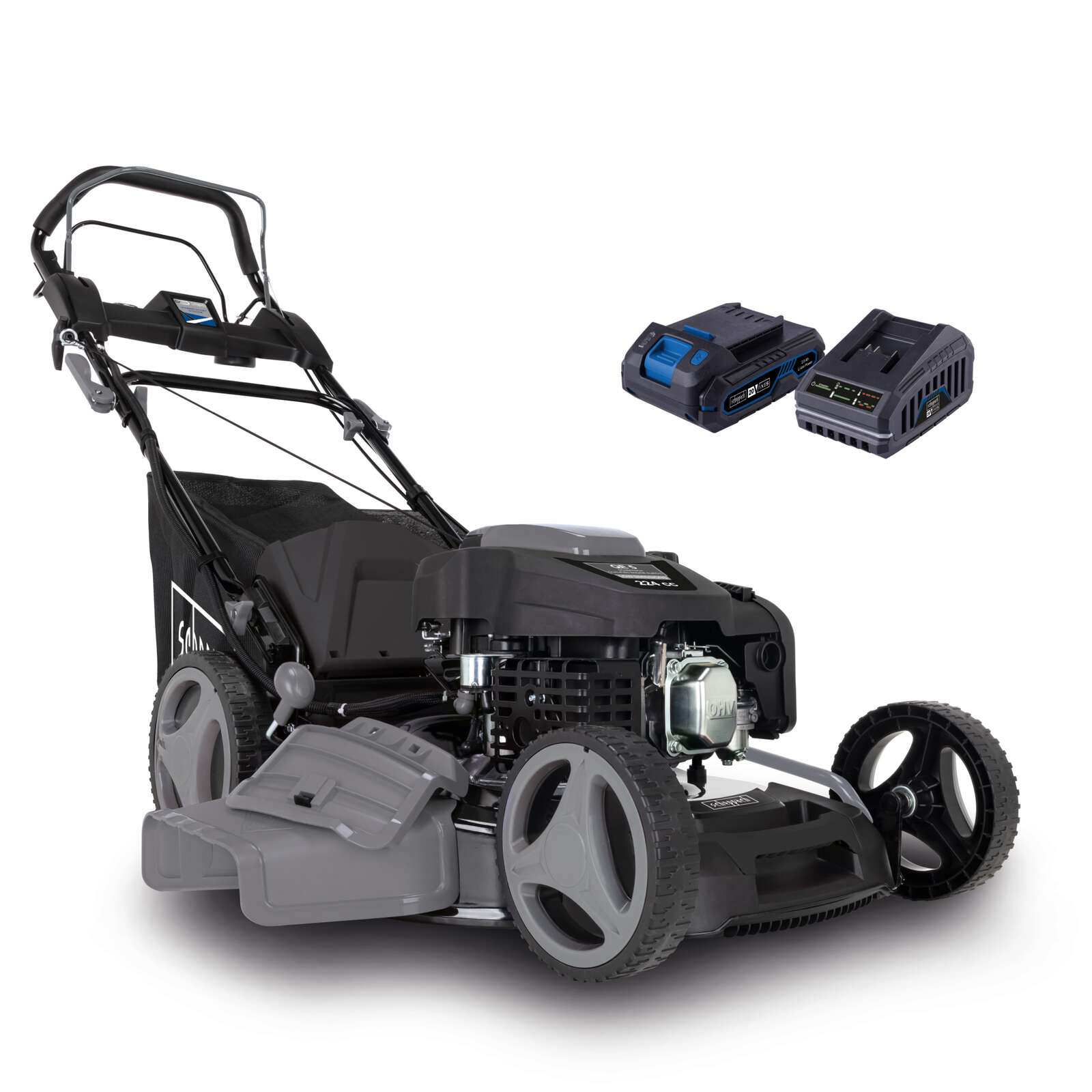 Benzin Rasenmäher PLM530-225E Scheppach - 6PS | 53cm Schnittbreite | E-Start | Radantrieb | 65 Liter Fangkorb