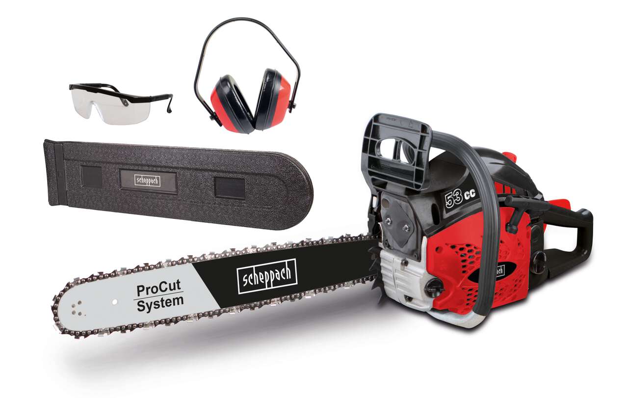 Scheppach Benzin-Kettensäge BKS5300S, 2,7 PS / 2,0 kW 2-Takt-Benzinmotor, Seilzugstarter, 50 cm ProCut-Schwert, 21 m/s