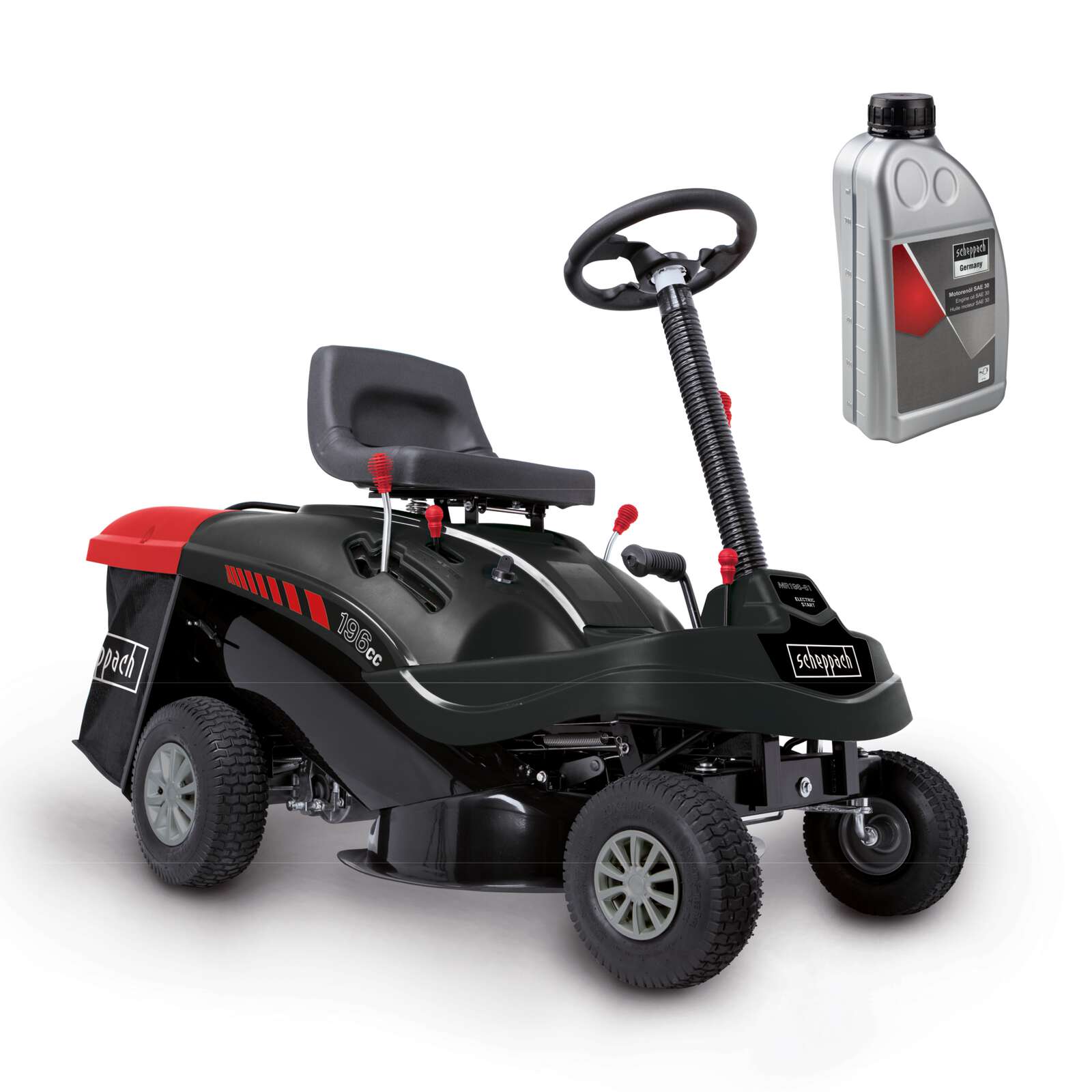 Aufsitzrasenmäher MR224-61 Scheppach - 6.8PS | 61cm Schnittbreite | 150L Fangsack | Elektro-Start | inkl. Motoröl