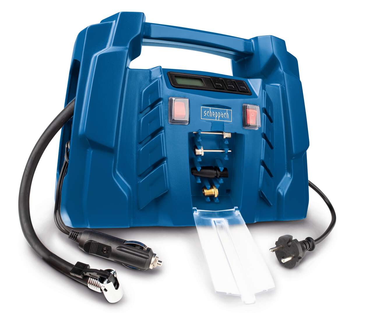 Kompressor Airforce 5 Scheppach - 8 bar | 230V & 12V Anschluss | LCD Display | ölfrei | tragbar & mobil | ideal für Auto / KFZ | inkl. Zubehörset