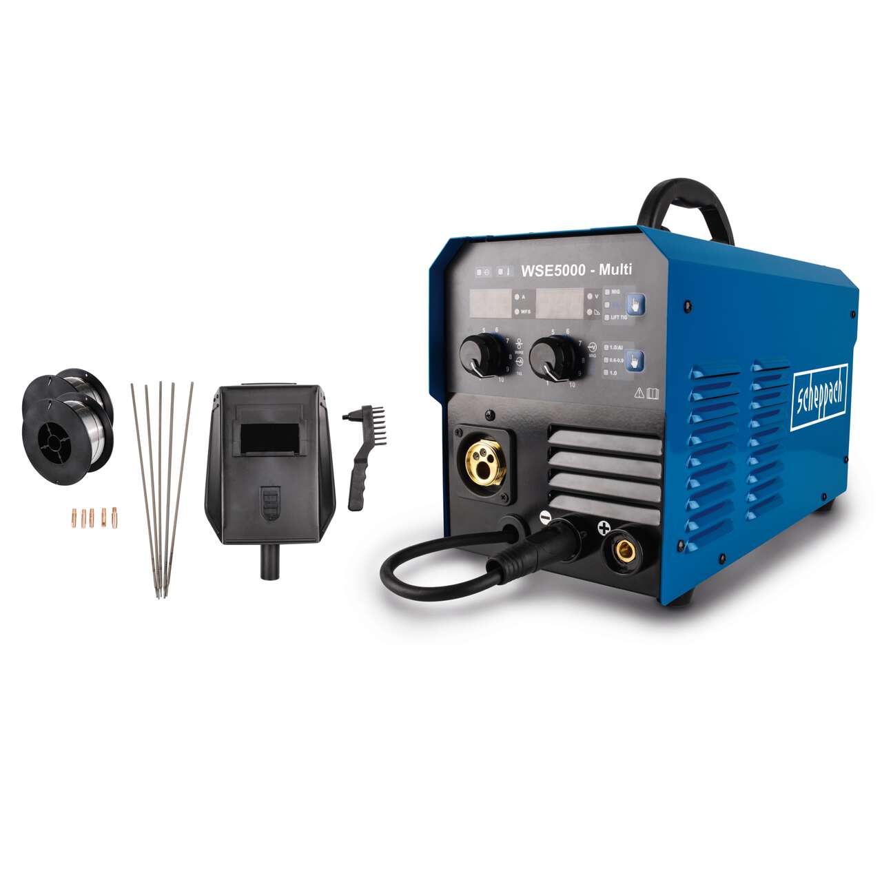 Schweißgerät Fülldraht WSE5000-Multi Scheppach - max. 200A | Digitale Anzeige | MIG / MMA / TIG