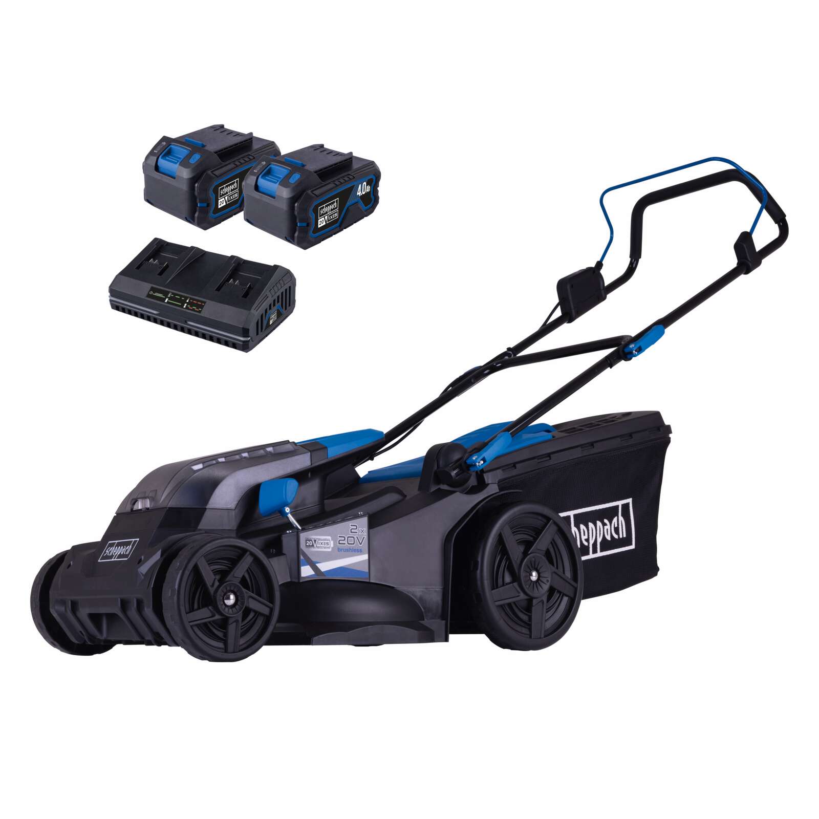 Akku-Rasenmäher BC-MP430-X Scheppach | 43cm Schnittbreite | für 600-700 m2 | 50L Korb | Set