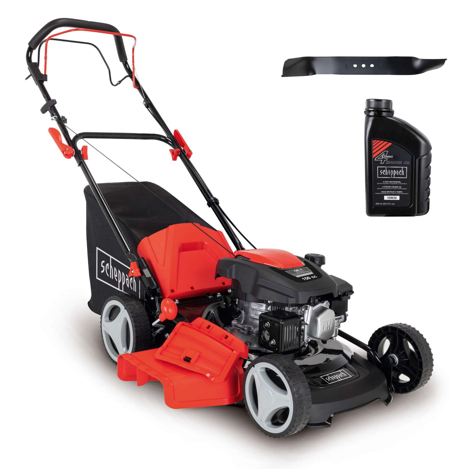 Benzinrasenmäher MS161-46 Scheppach - 46 cm Schnittbreite Radantrieb | Mulchfunktion | 55L Fangbox | inkl. Öl und 2. Messer