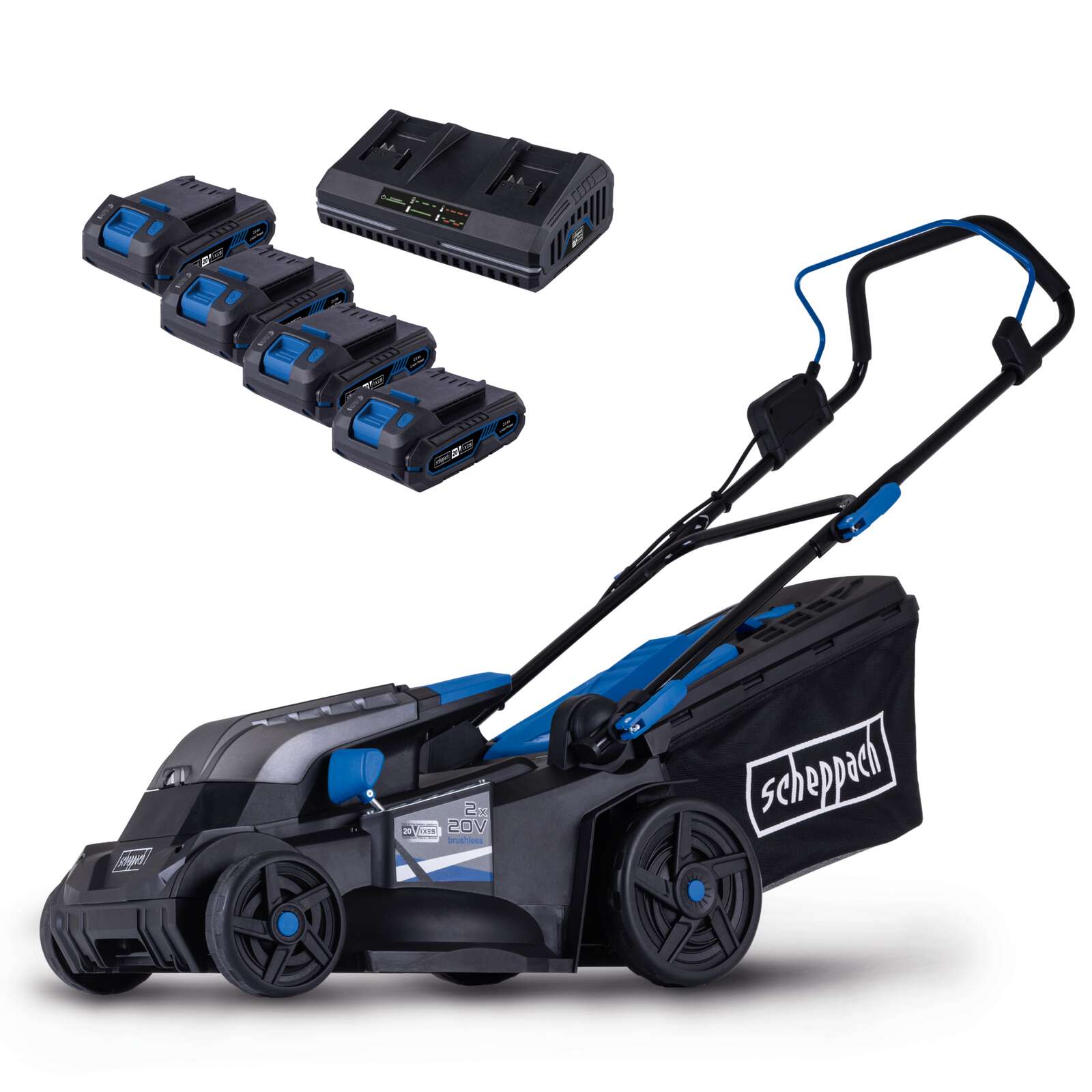 Akku-Rasenmäher BC-MP380-X Scheppach | 38cm Schnittbreite | für 450-500 m2 | 45L Korb | inkl. 4x 2Ah Akku + 2,4A Doppelladegerät