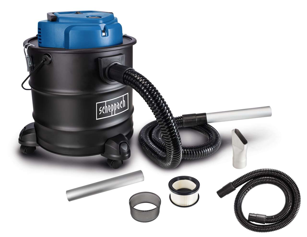 Aschesauger AVC20 Scheppach - 1200W / 20 kPa | 20L Behälter | 1,5m feuerfester Schlauch | inkl. Fahrvorrichtung & Zubehör - für Kamin, Grill, Holzofen