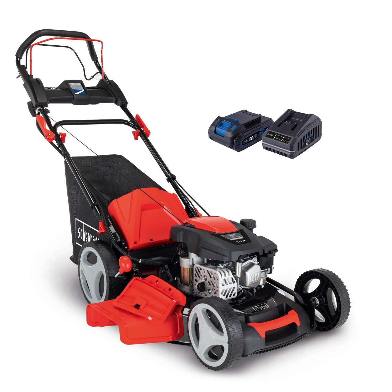 Benzin-Rasenmäher MS200-51E Scheppach - 5,2PS | Schnittbreite 51cm | Fangbox 65L | inkl. 2 Ah Akku + 2,4 A Ladegerät u. Motorenöl