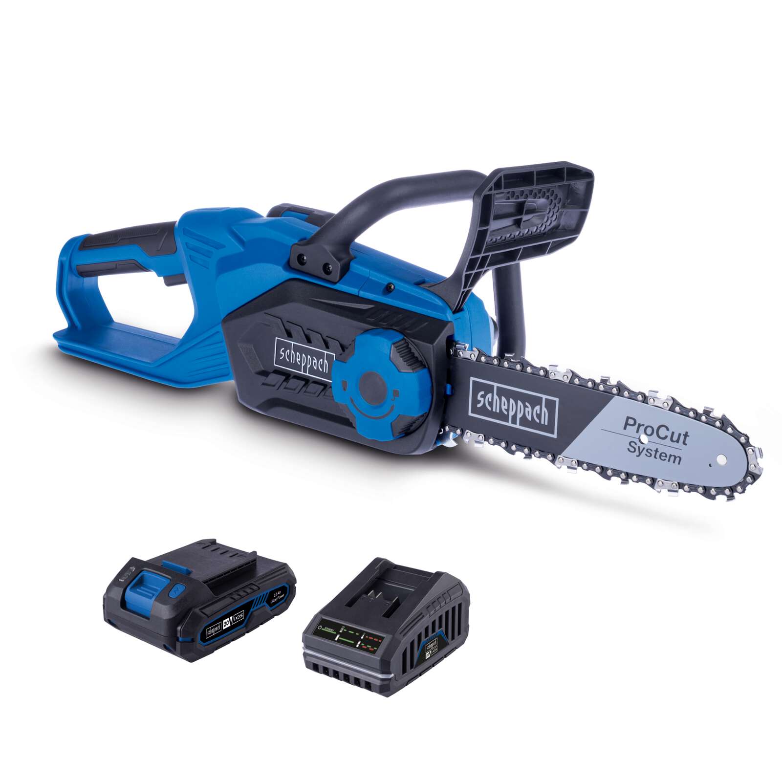 Akku-Kettensäge C-CS254-X Scheppach - 20V | Schnittlänge 20cm| Schwert 25,4cm| Schnittgeschwindigkeit 6m/s | inkl. 2Ah Akku & 2,4A Ladegerät