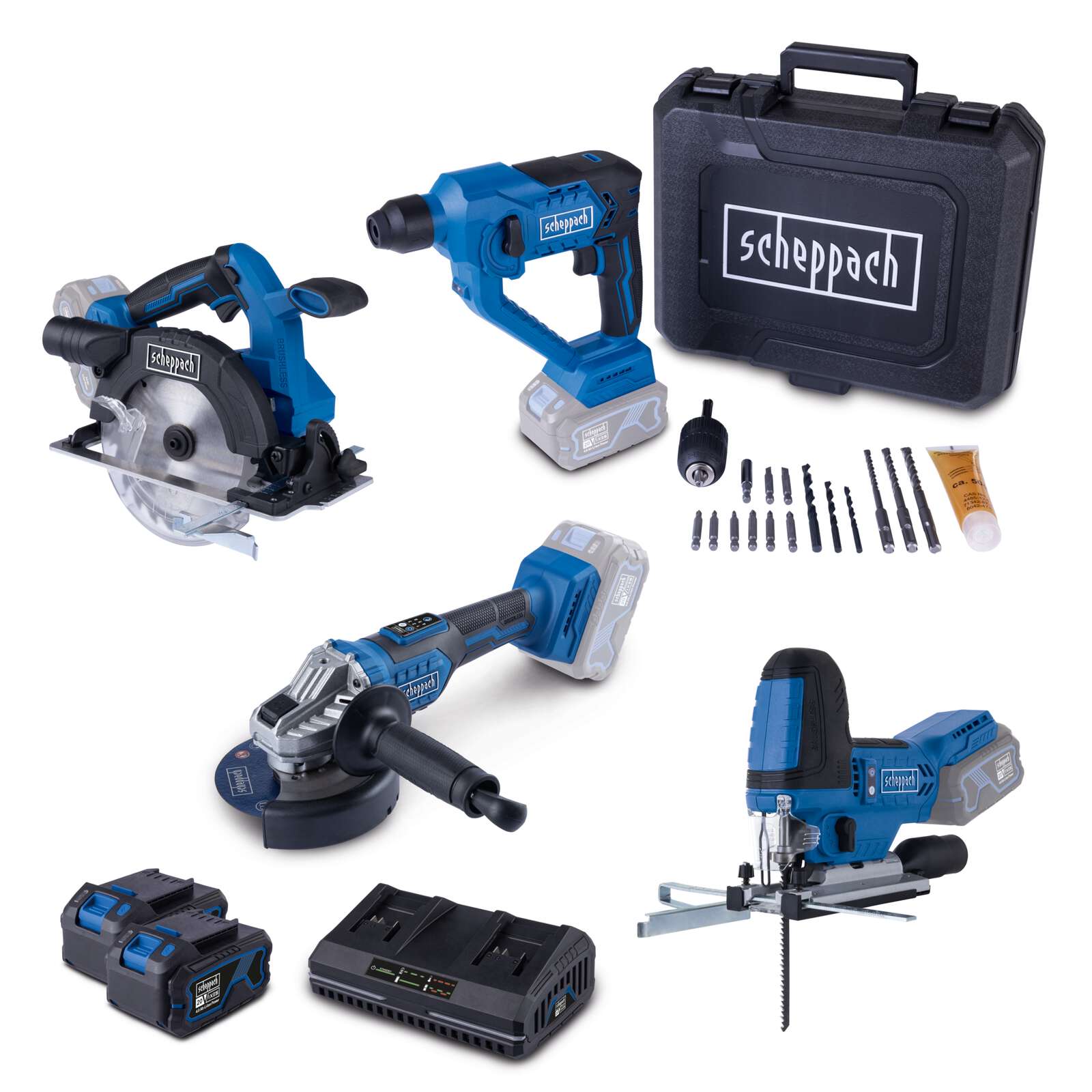 Akku-Aktions-Set AS100 Scheppach - 20V | Stichsäge | Handkreissäge | Winkelschleifer | Bohrhammer | inkl. 2x 4Ah Akku & 4,5A Doppelladegerät