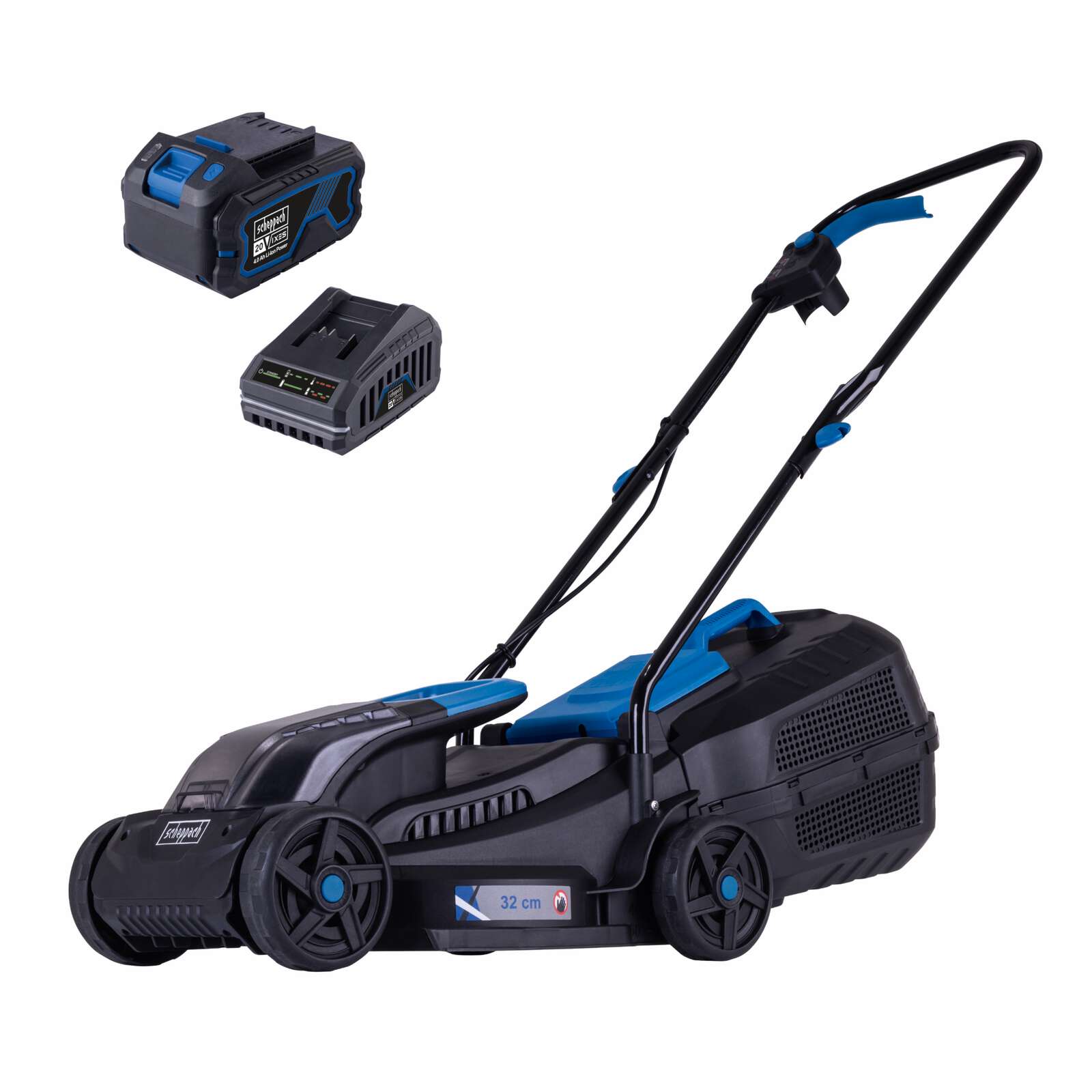 Akku-Rasenmäher BC-MP320-X Scheppach | Brushless | 32cm Schnittbreite | für 250-300m2 | 30L Fangkorb | inkl. 4Ah Akku + 2,4A Ladegerät