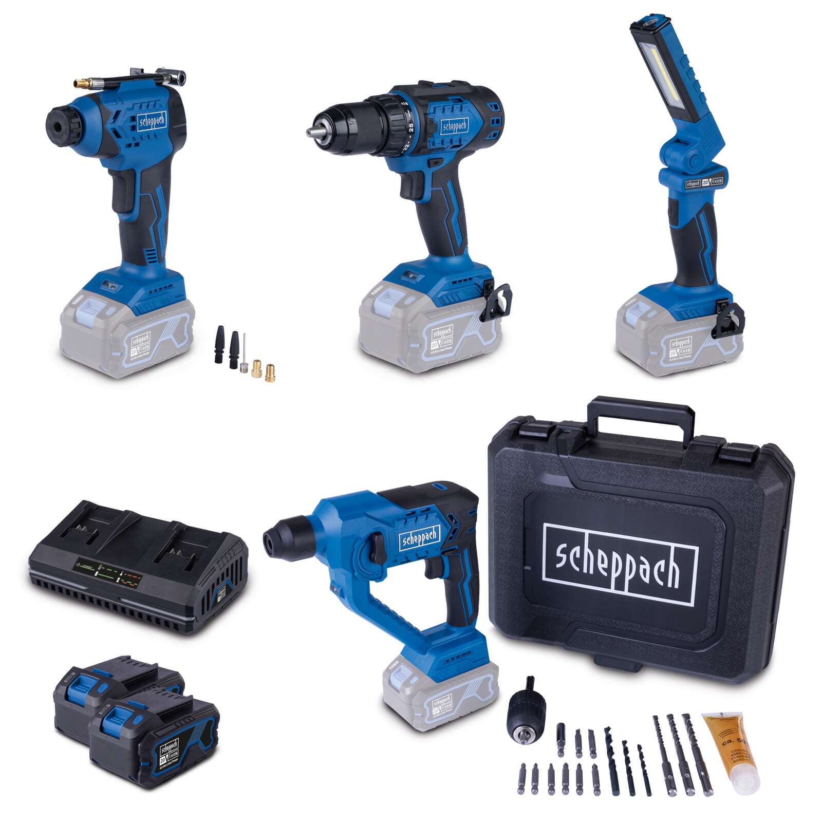 Akku-Aktions-Set AS300 Scheppach - 20V | Bohrhammer | Bohrschrauber | Handkompressor | Arbeitsleuchte | inkl. 4Ah Akku & 2,4A Doppelladegerät