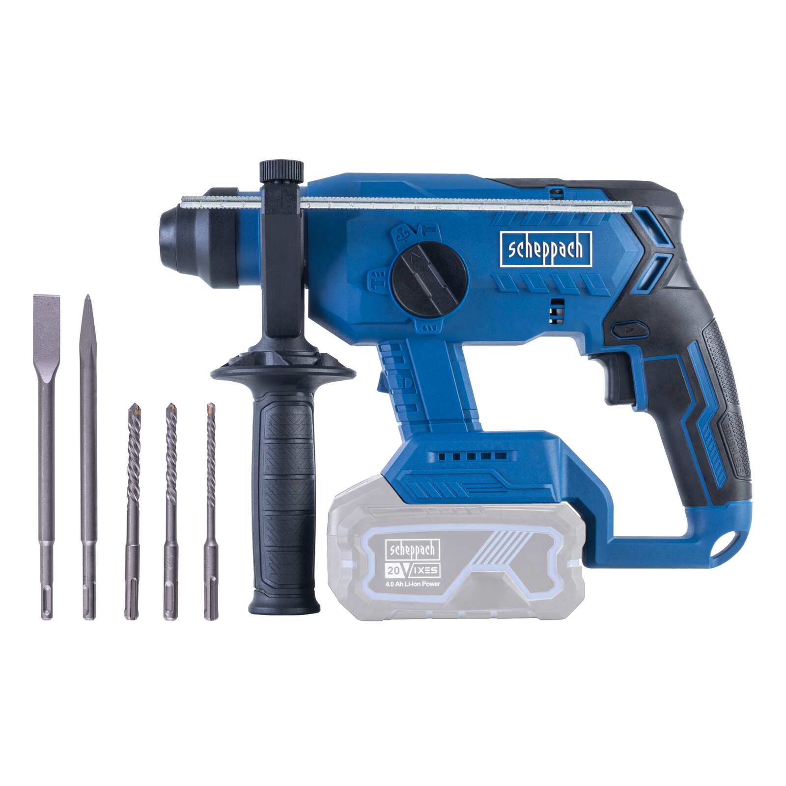 Akku Bohrhammer BC-RHD230-X Scheppach - 2,2J Schlagkraft | 5500bpm Schlagzahl | BohrungØ: 24mm Beton, 13mm Metall, 27mm Holz