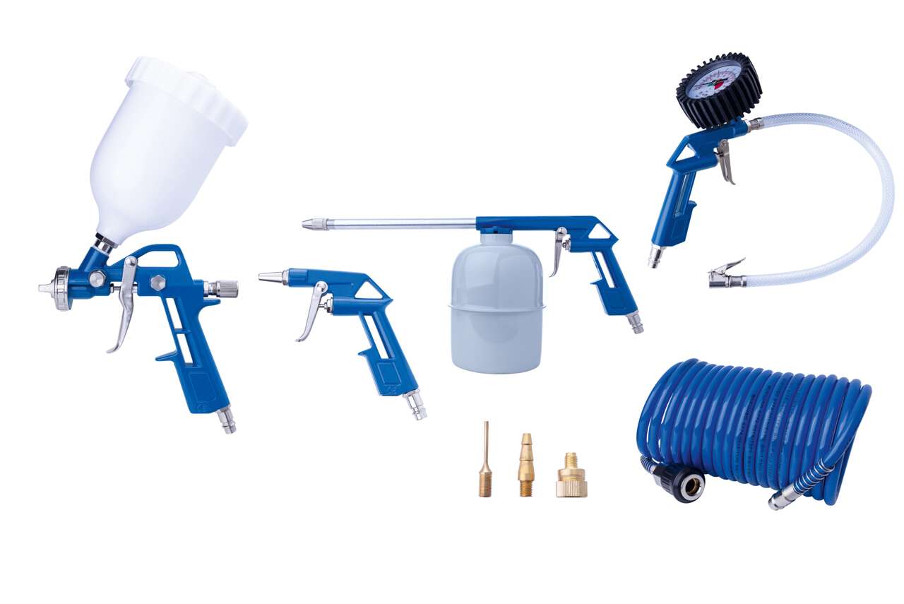 Kompressor Zubehör Set 8-tlg. Scheppach - 5m Schlauch, Farbspritzpistole, Reifenfüller, Sprühpistole, Ausblaspistole, 3 verschiedene Adapter